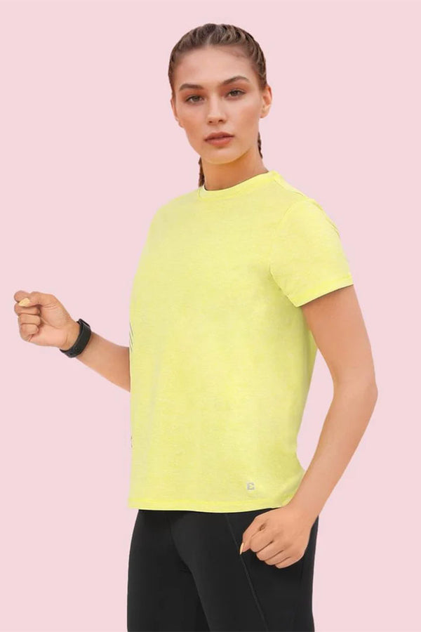 ENAMOR A309 Women Basic Workout Relaxed Fit Crew Neck Short Sleeve Tee with Reflective Active Graphic