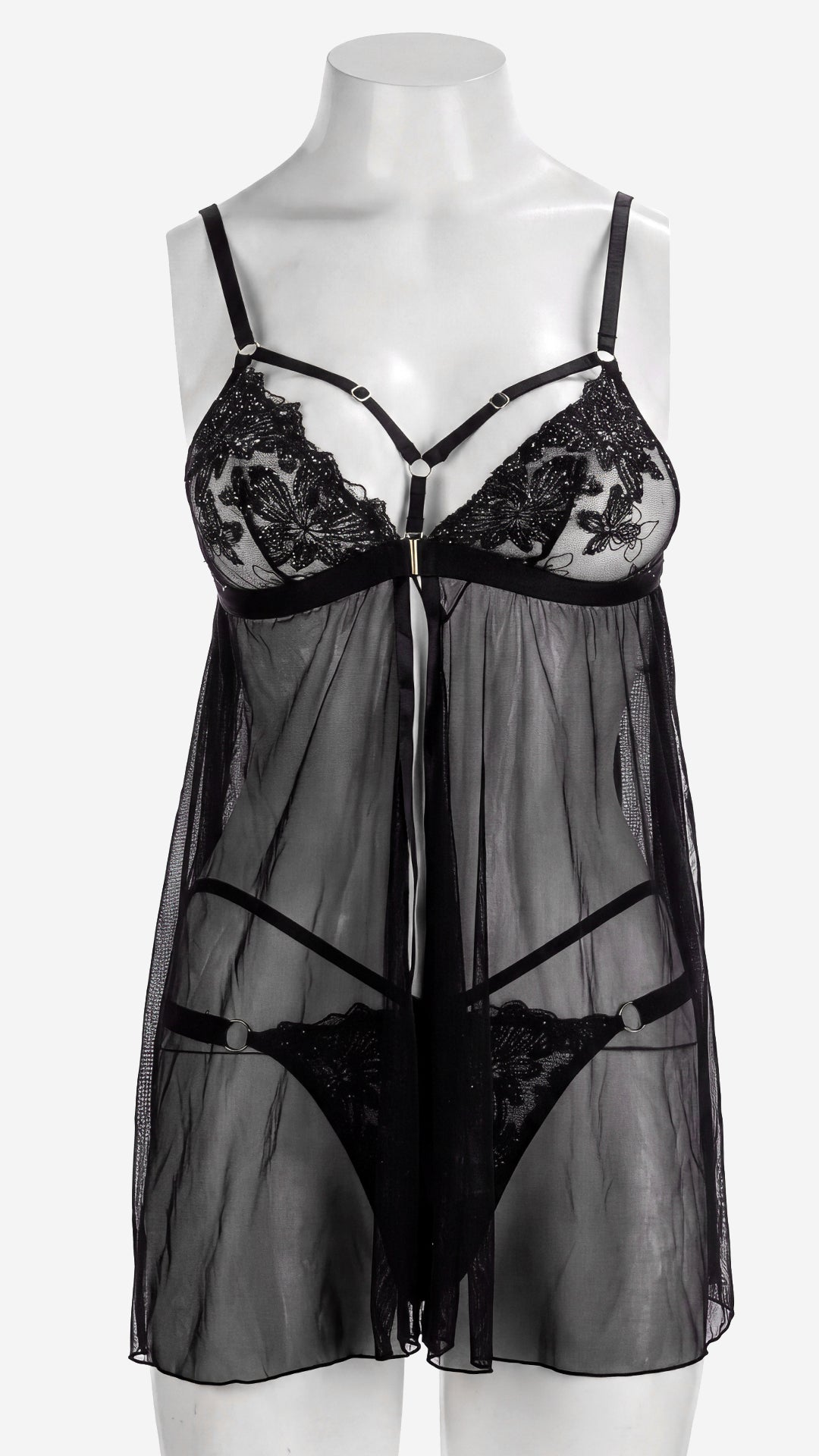 Net Babydoll Set | Fancy Strappy Lace Lingerie with Thong