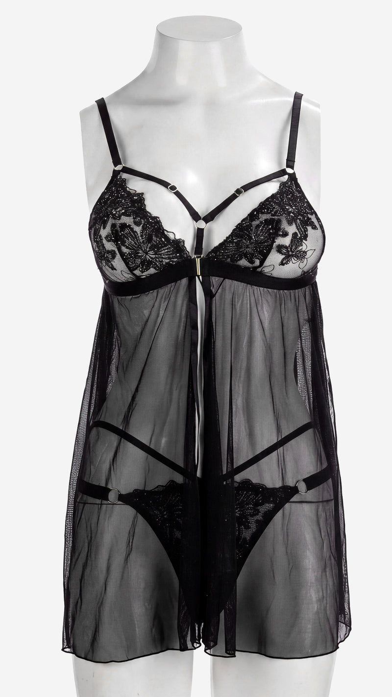 Net Babydoll Set | Fancy Strappy Lace Lingerie with Thong