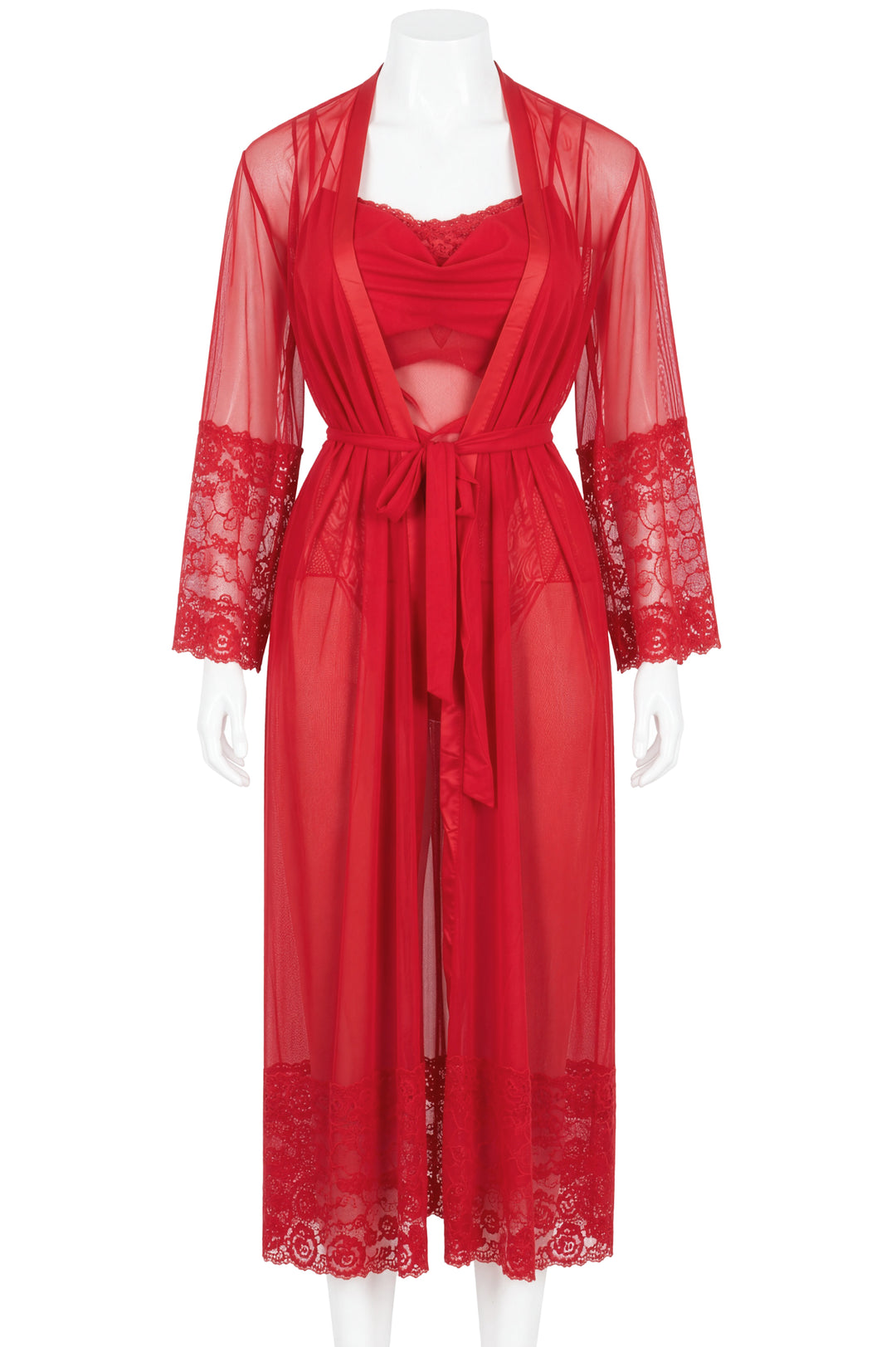 Red sheer lace-trimmed robe and nightdress set on mannequin, front view