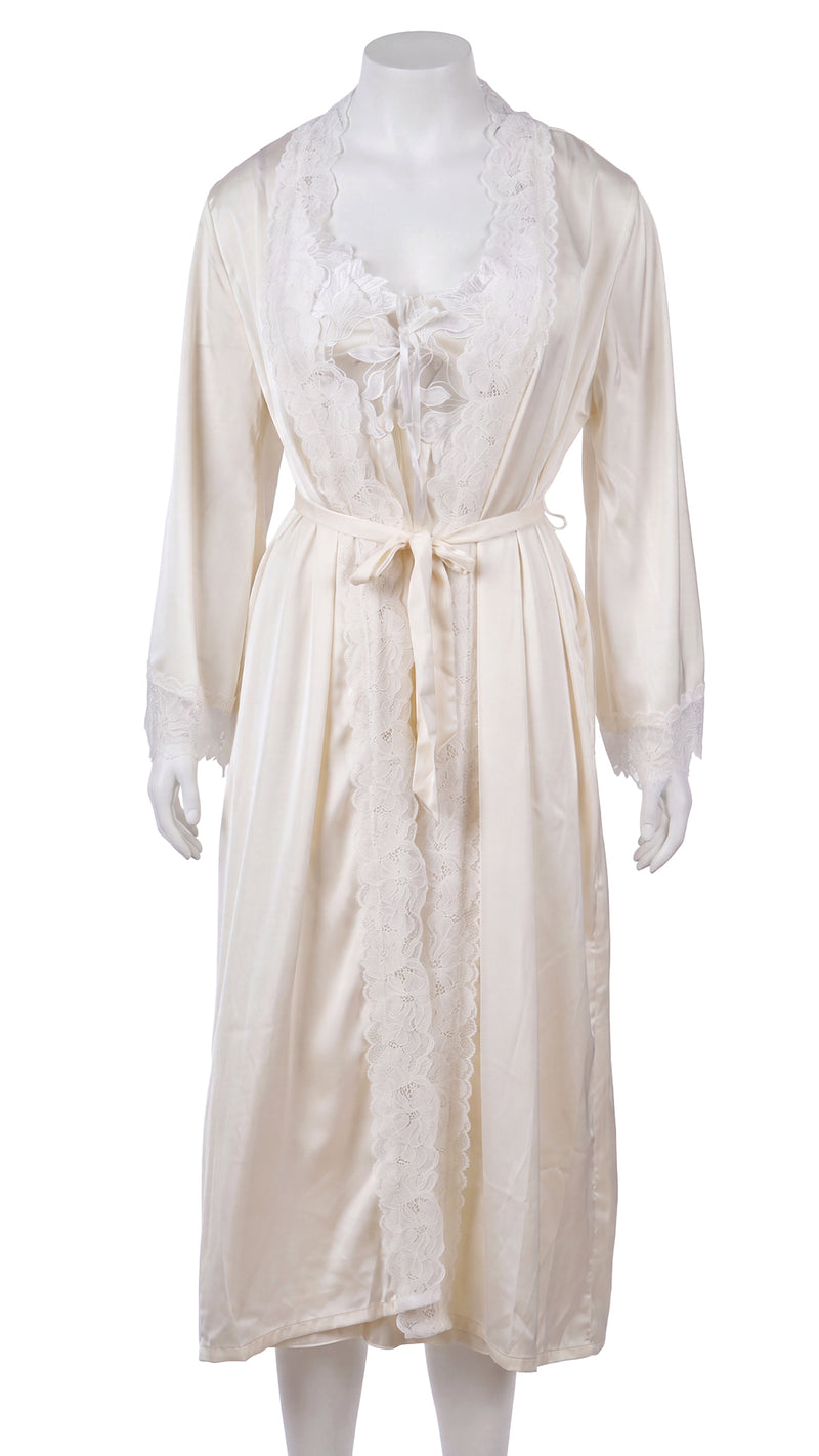Ivory satin robe with floral lace trim and tie belt on mannequin, front view