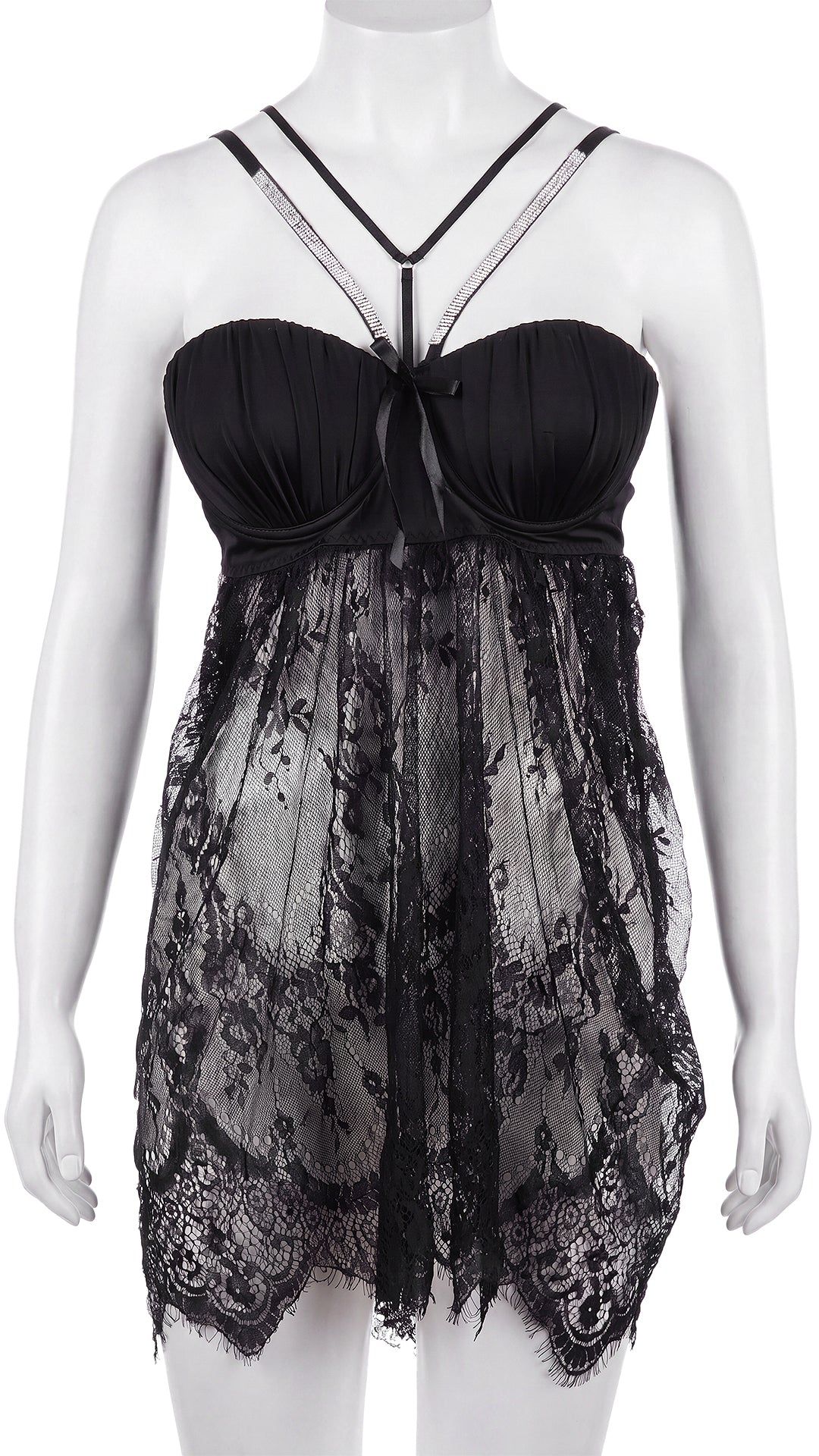 Black lace babydoll nightdress with strappy back on mannequin, front view