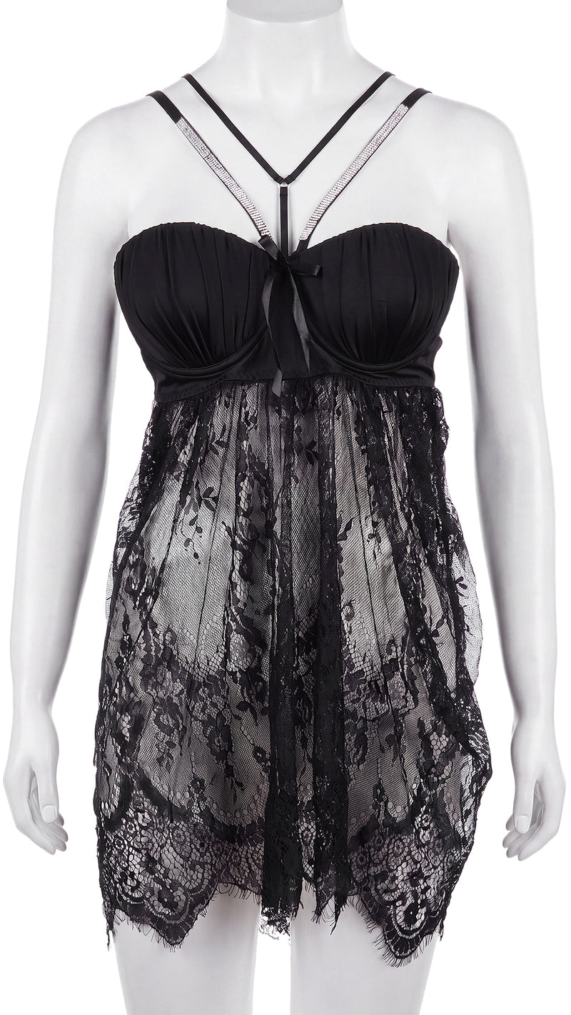 Black lace babydoll nightdress with strappy back on mannequin, front view