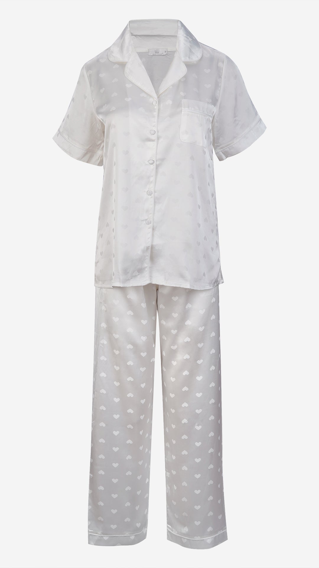 Ivory Heart Jacquard Satin Pajama Set — Shirt, Shorts & Pants