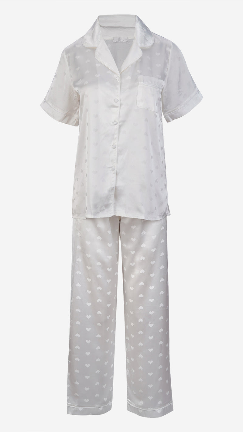 Ivory Heart Jacquard Satin Pajama Set — Shirt, Shorts & Pants