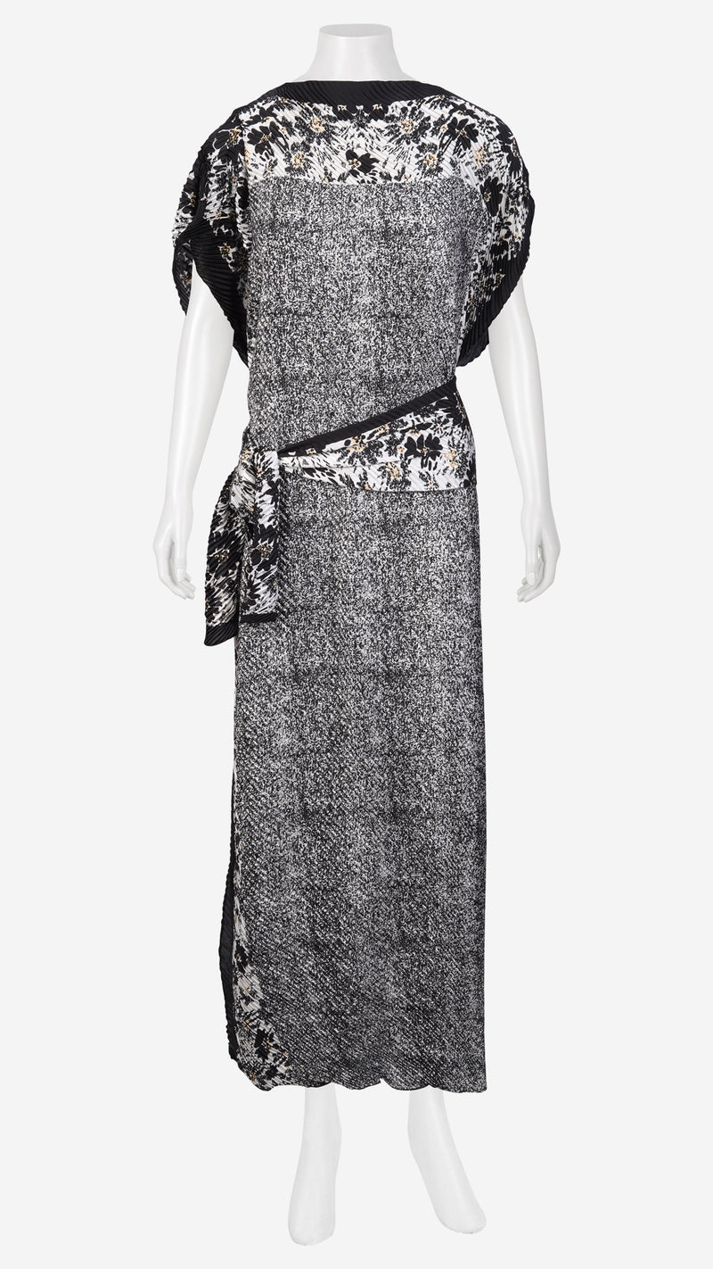 Black & White Printed Pleated Satin Kaftan