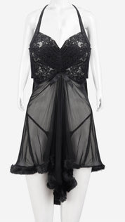 Power Net & Lace Halter Babydoll | Faux Fur Trim Nighty