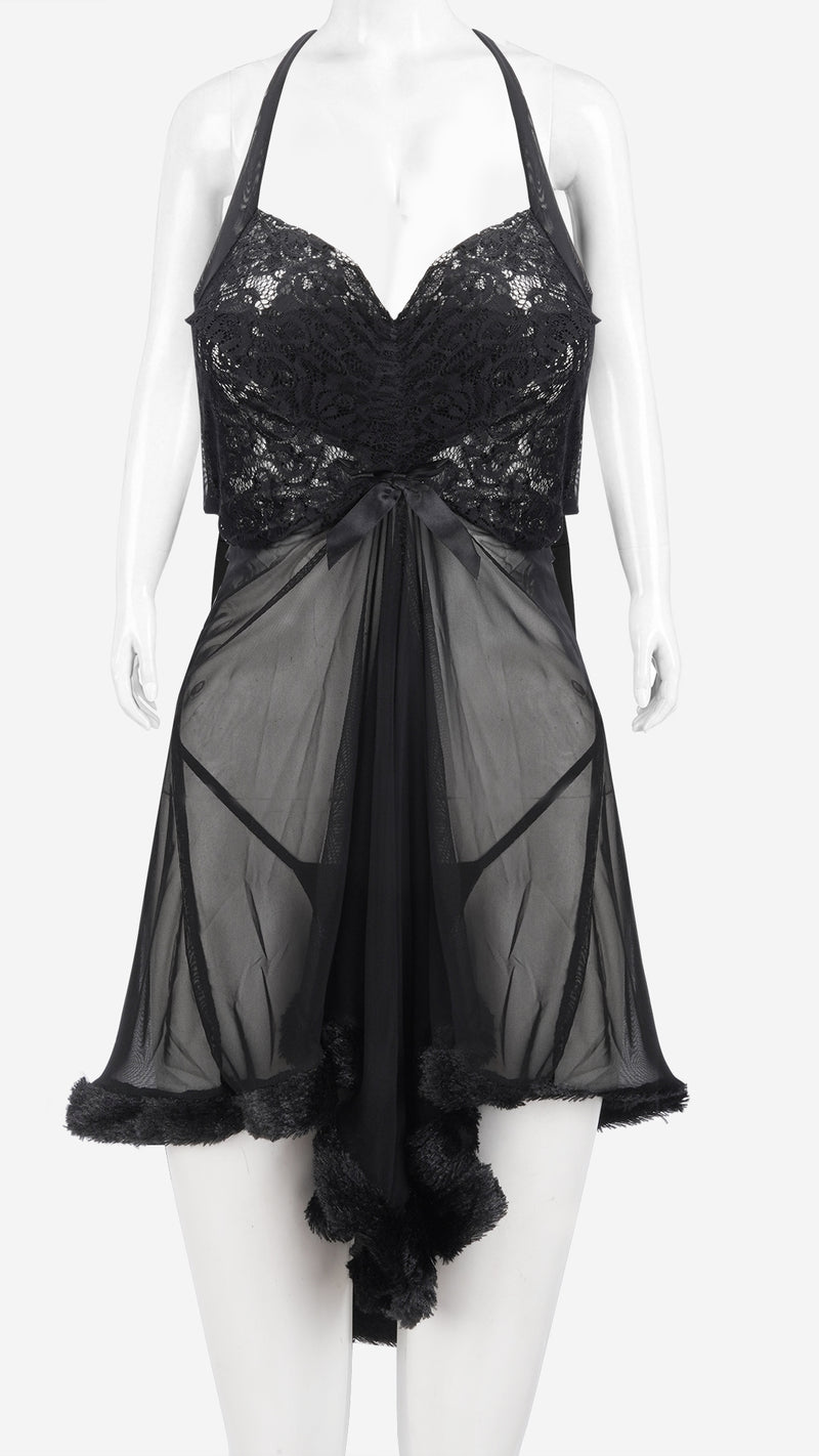 Power Net & Lace Halter Babydoll | Faux Fur Trim Nighty