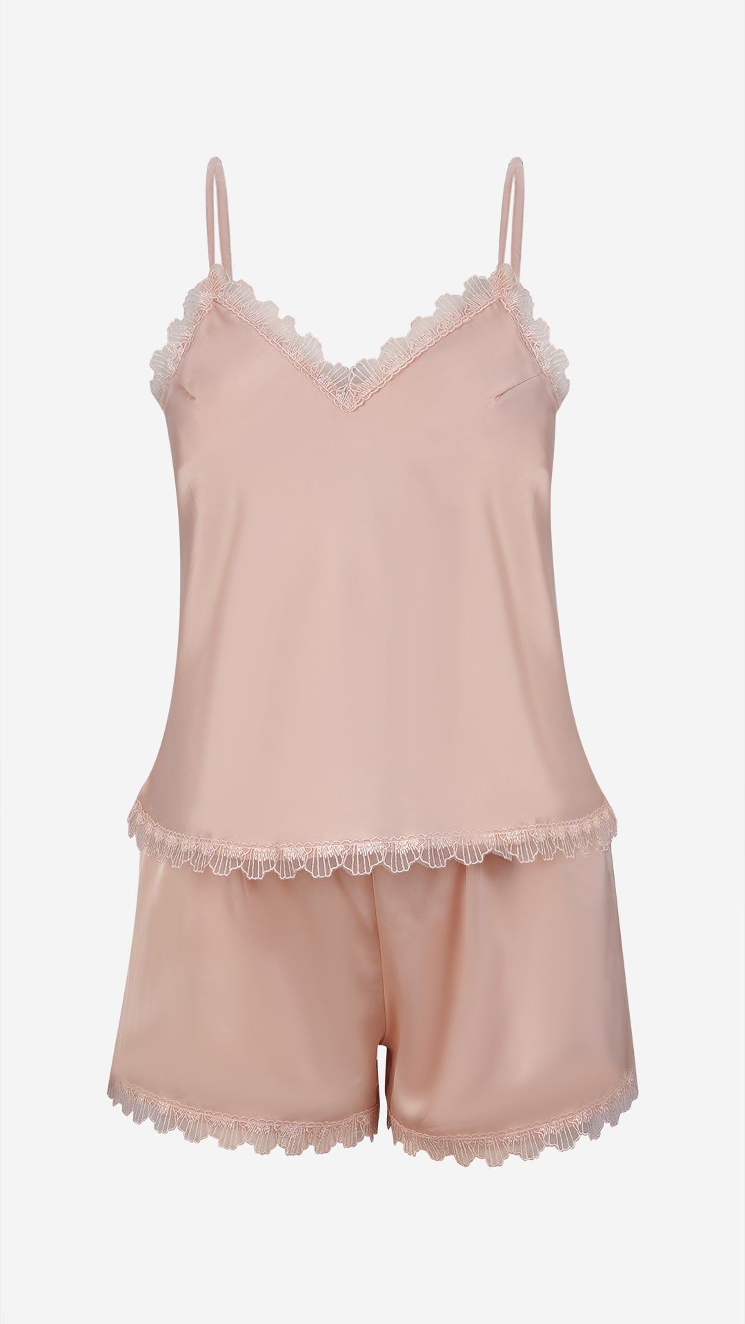 Peach Satin Cami Shorts Set With Lace Trim