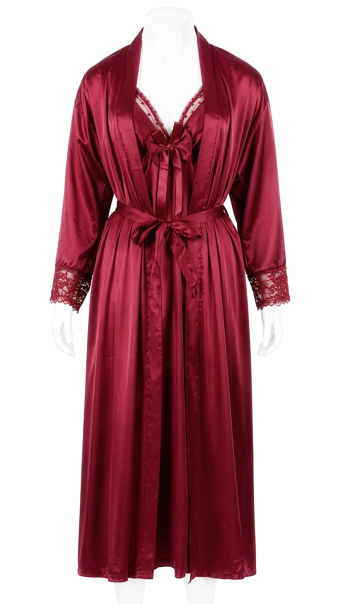 Maroon satin robe with lace cuffs and tie belt on mannequin, front view