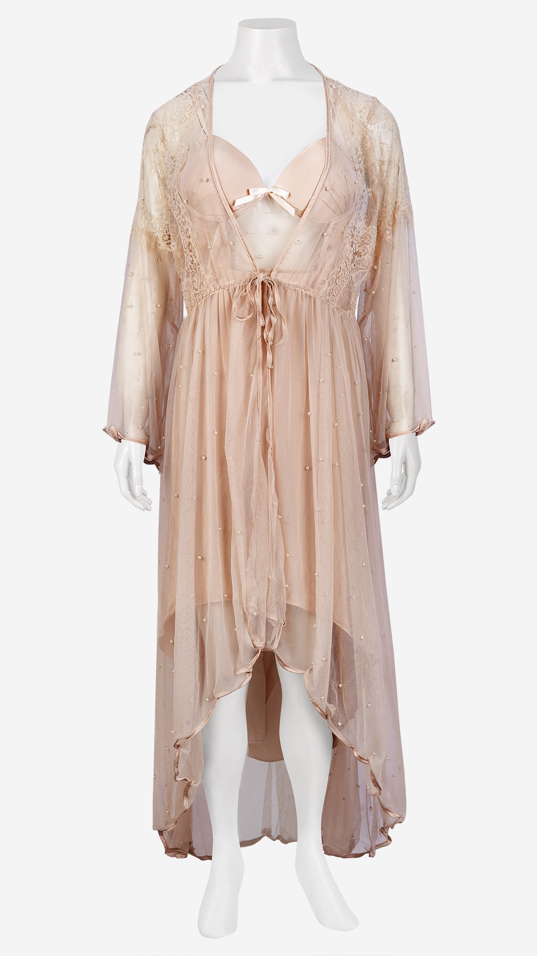 Champagne Satin Nighty & Robe Set with Beaded Sleeves