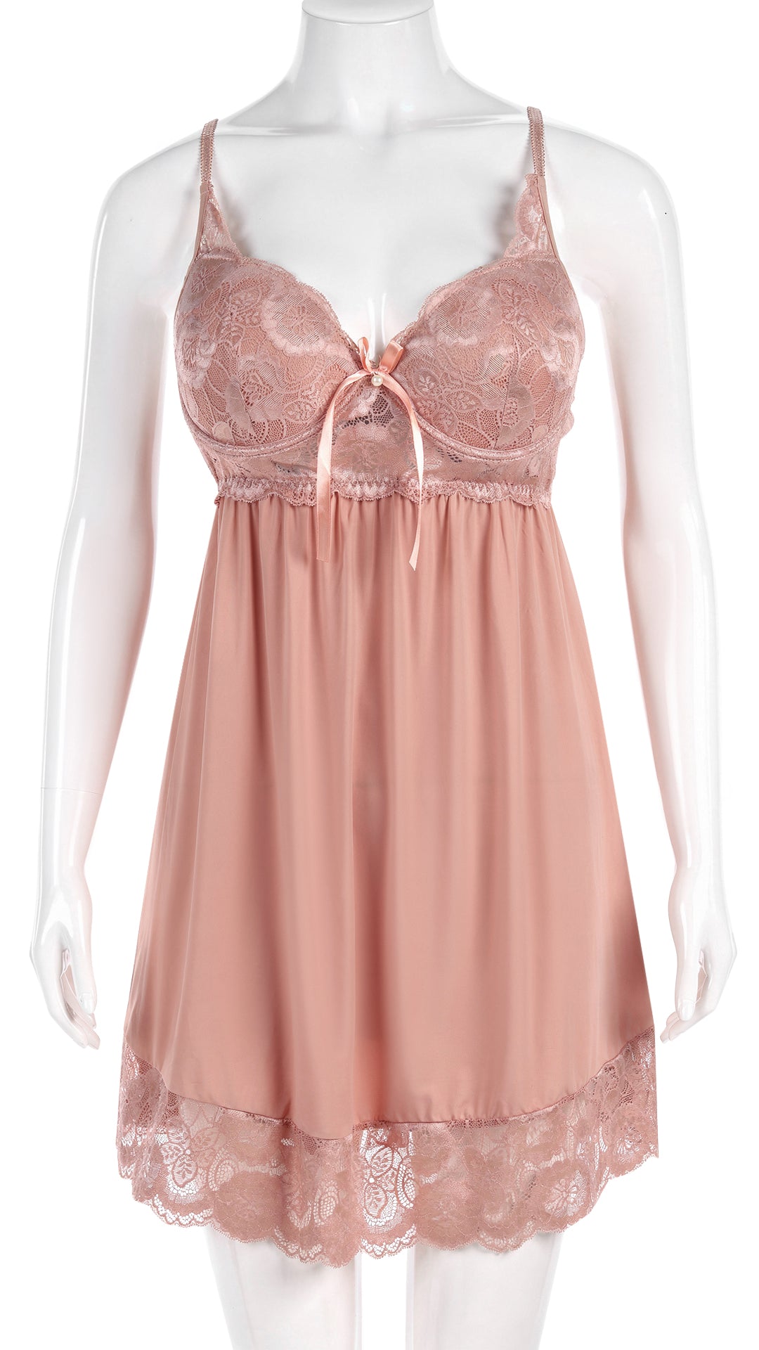Product shot of dusty pink lace babydoll on mannequin