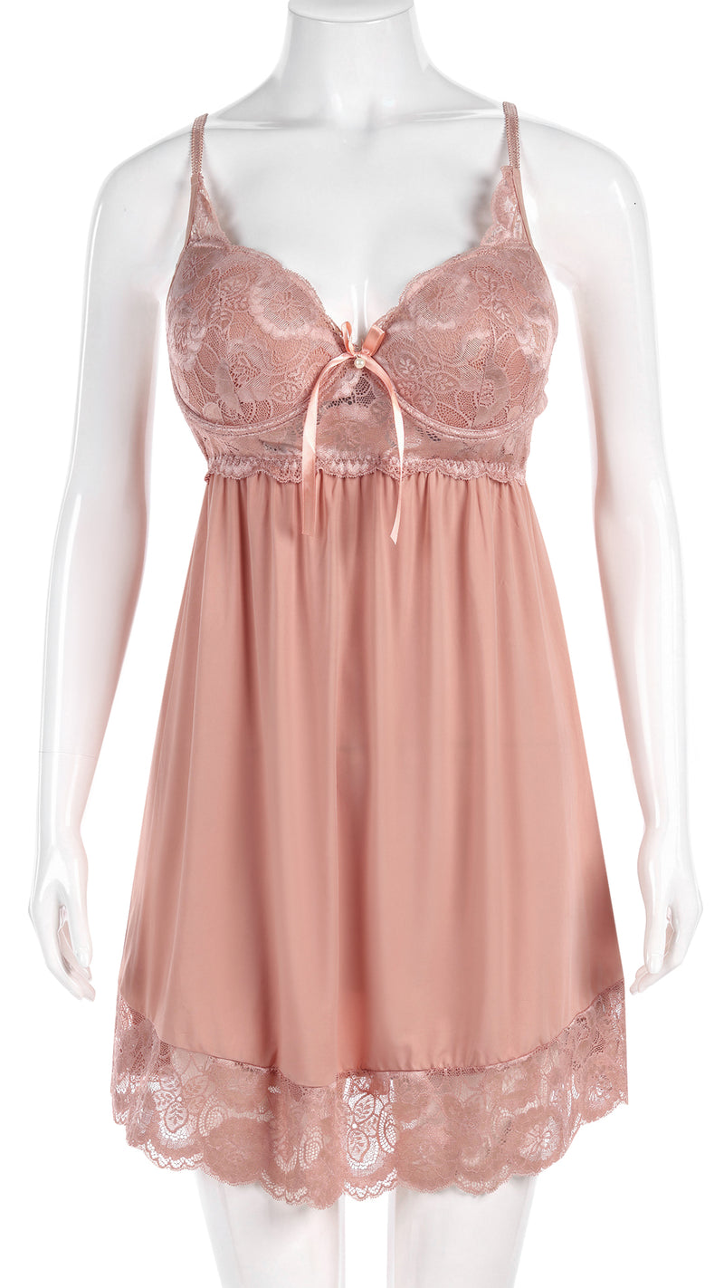 Product shot of dusty pink lace babydoll on mannequin