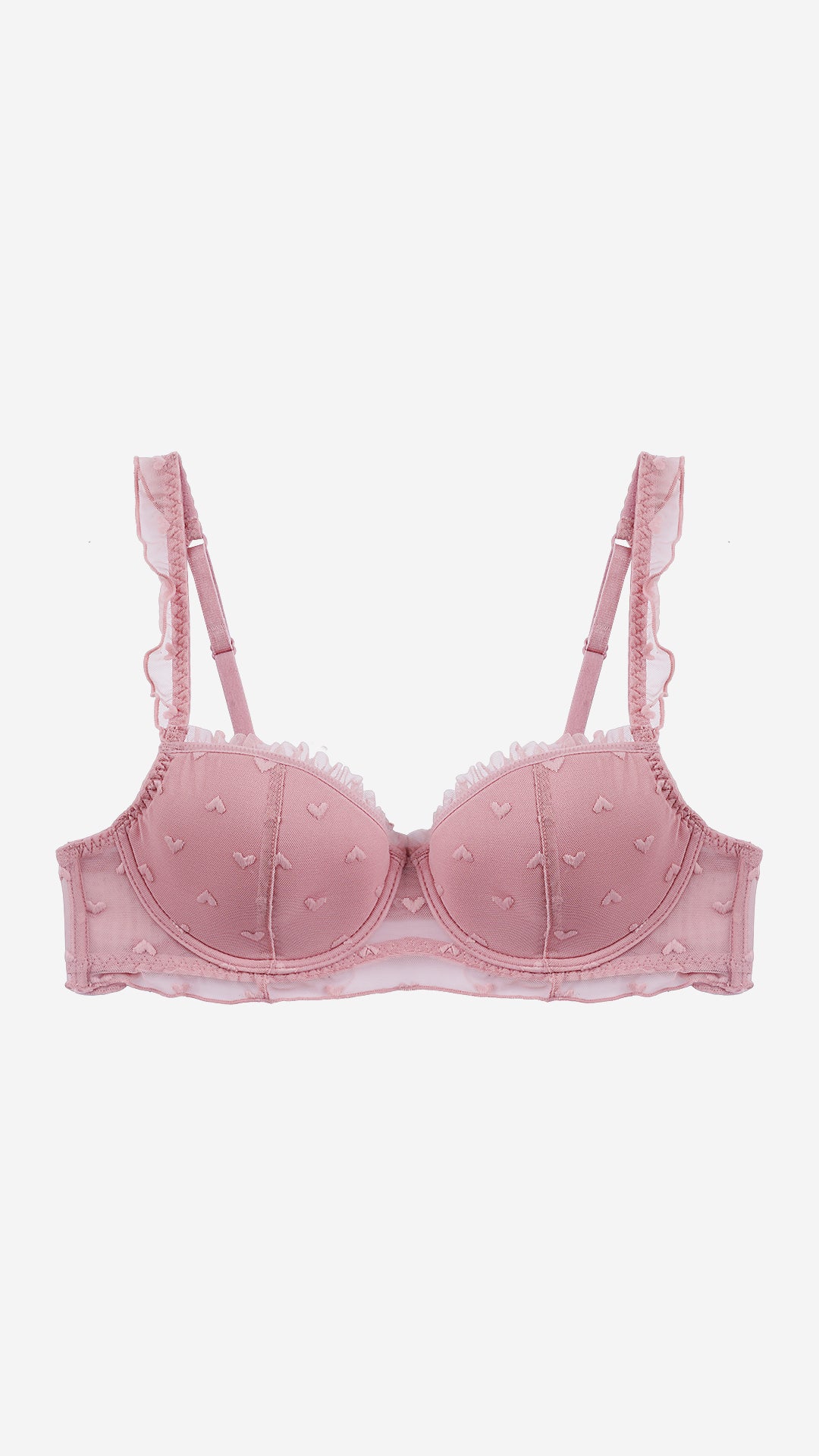 Rose Pink Heart Mesh Balconette Bra – Wired, Lightly Padded