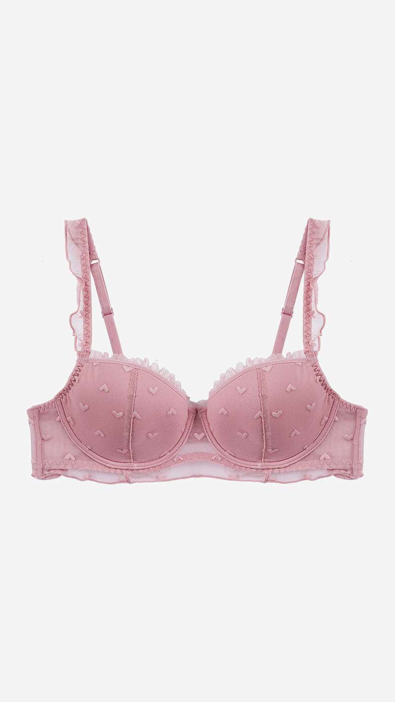 Rose Pink Heart Mesh Balconette Bra – Wired, Lightly Padded