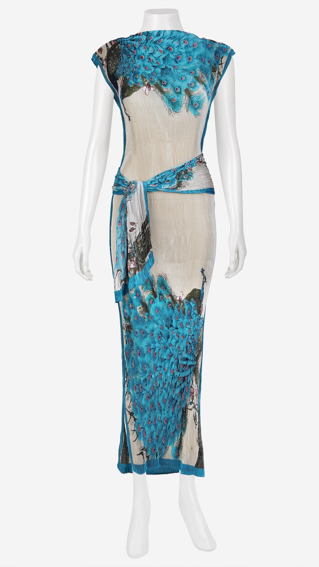 Beige Peacock Print Pleated Satin Column Dress