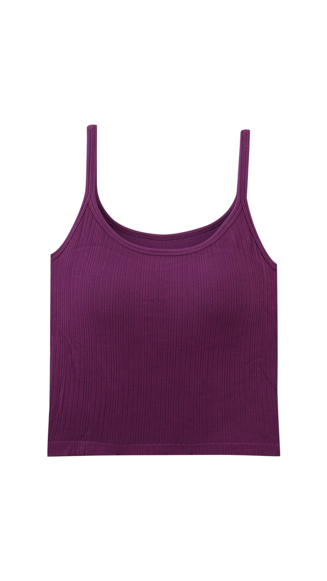 Purple ribbed cami top flat lay, front view