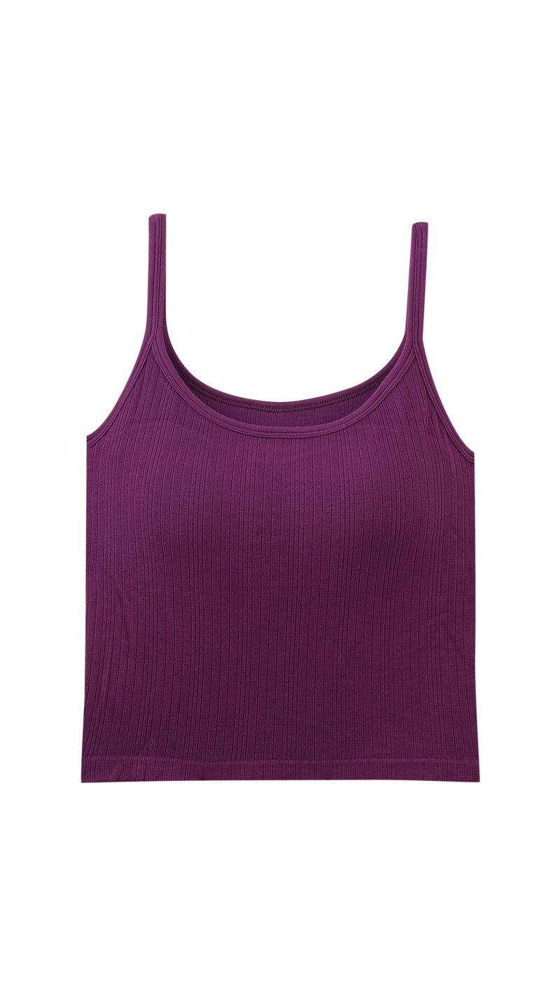 Purple ribbed cami top flat lay, front view