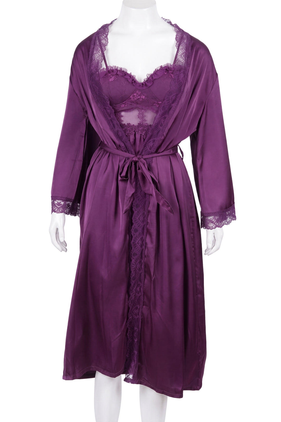 Front view of purple satin robe with lace trim on mannequin