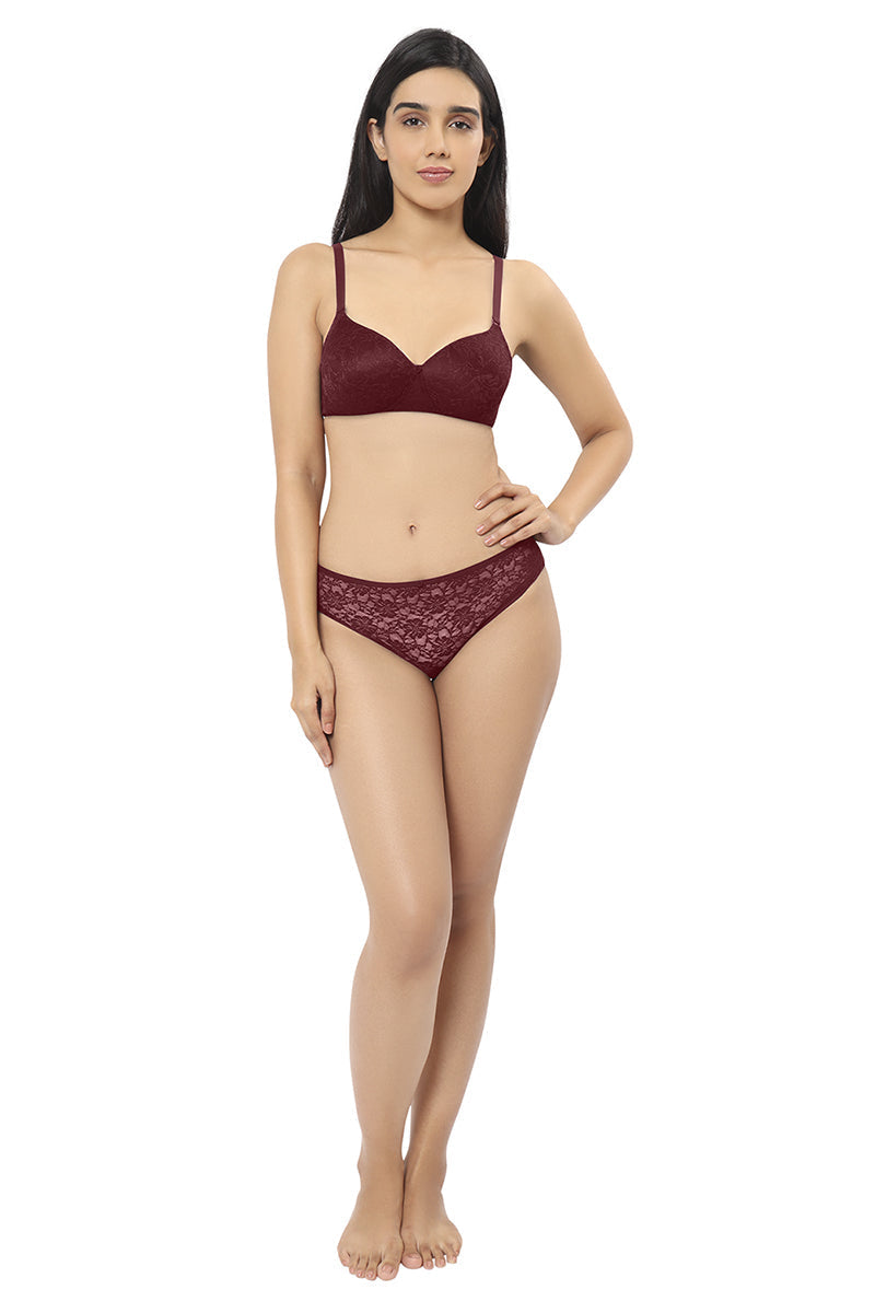 Maroon AMANTE PAN10306 Floral Romance Three-Fourth Coverage Low Rise Bikini Panty