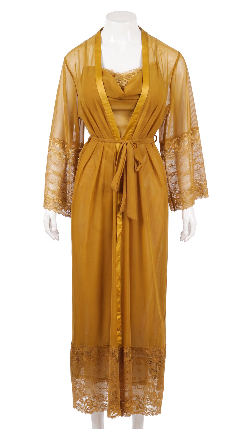 Mustard gold satin robe and slip dress set on mannequin, front view