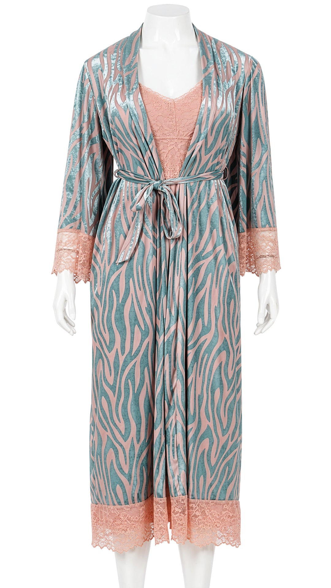 Mannequin display of teal and pink zebra-print robe with lace cuffs
