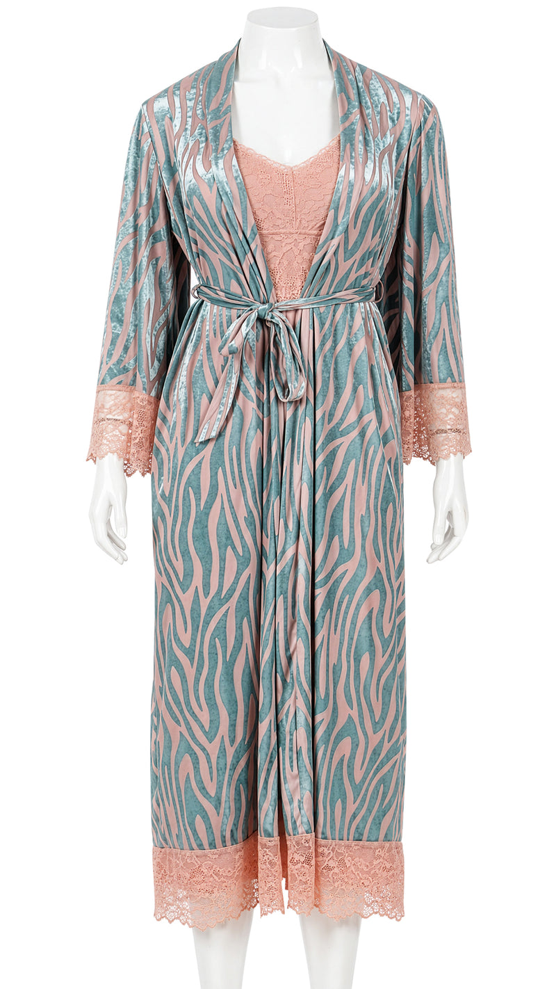 Mannequin display of teal and pink zebra-print robe with lace cuffs