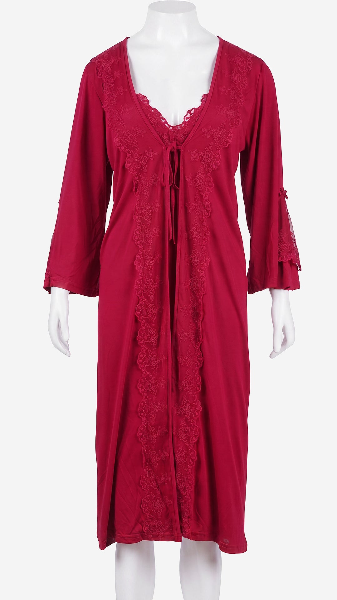 Product shot of red lace-trim robe with tie front on mannequin