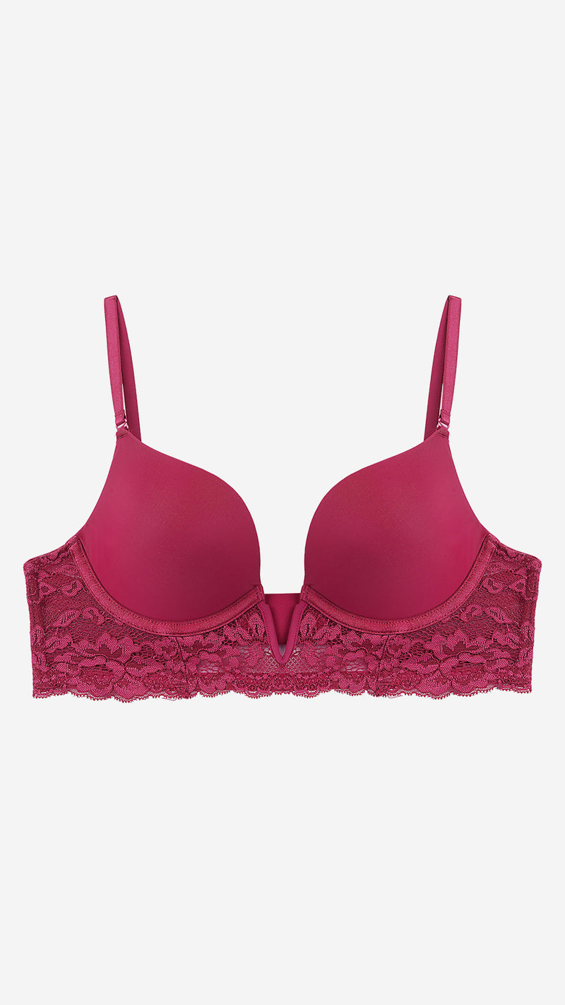 Wine Red Lace Plunge Bra – Padded, Wired