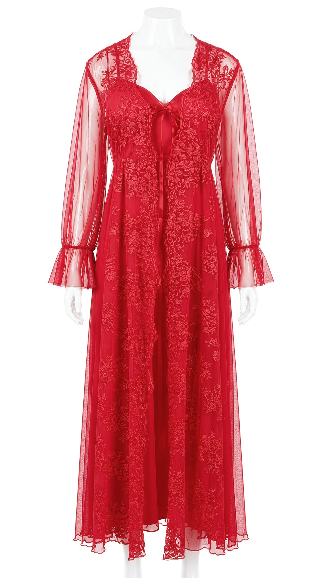 Mannequin display of red sheer floral lace robe with bell sleeves