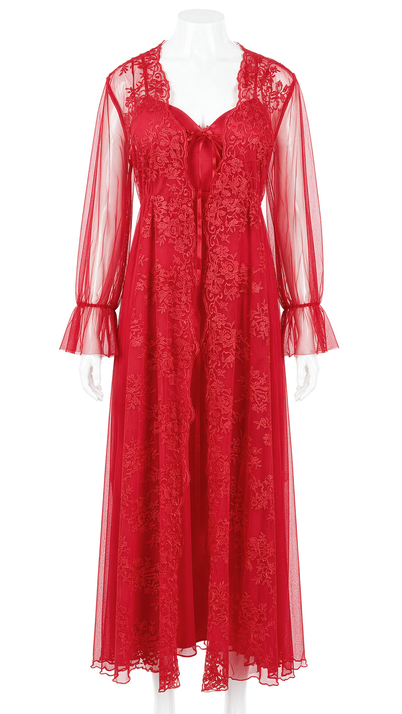 Mannequin display of red sheer floral lace robe with bell sleeves