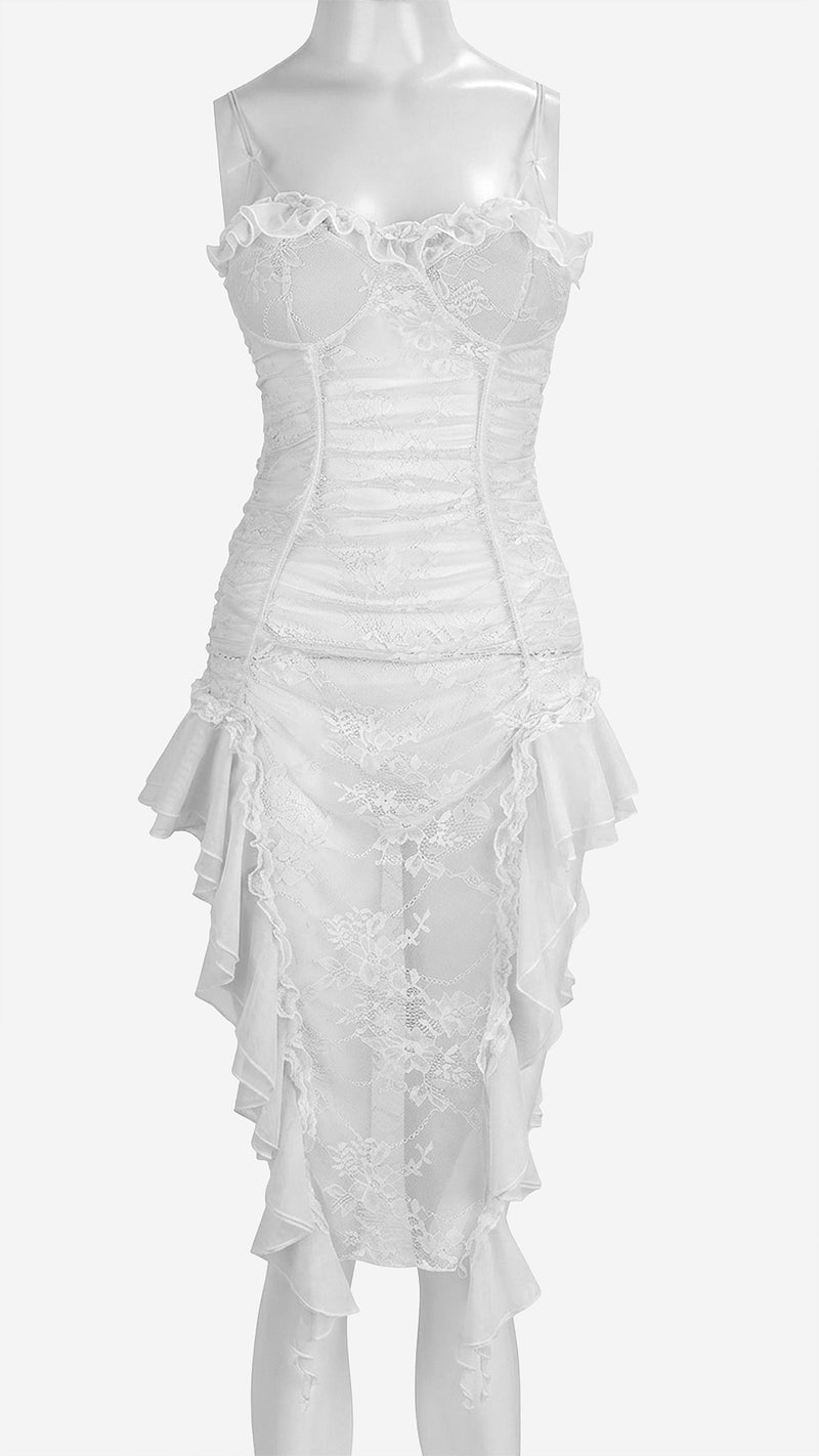 Lightly Padded Lace Net Long Nighty | Ruffled High-Low Hem Lingerie