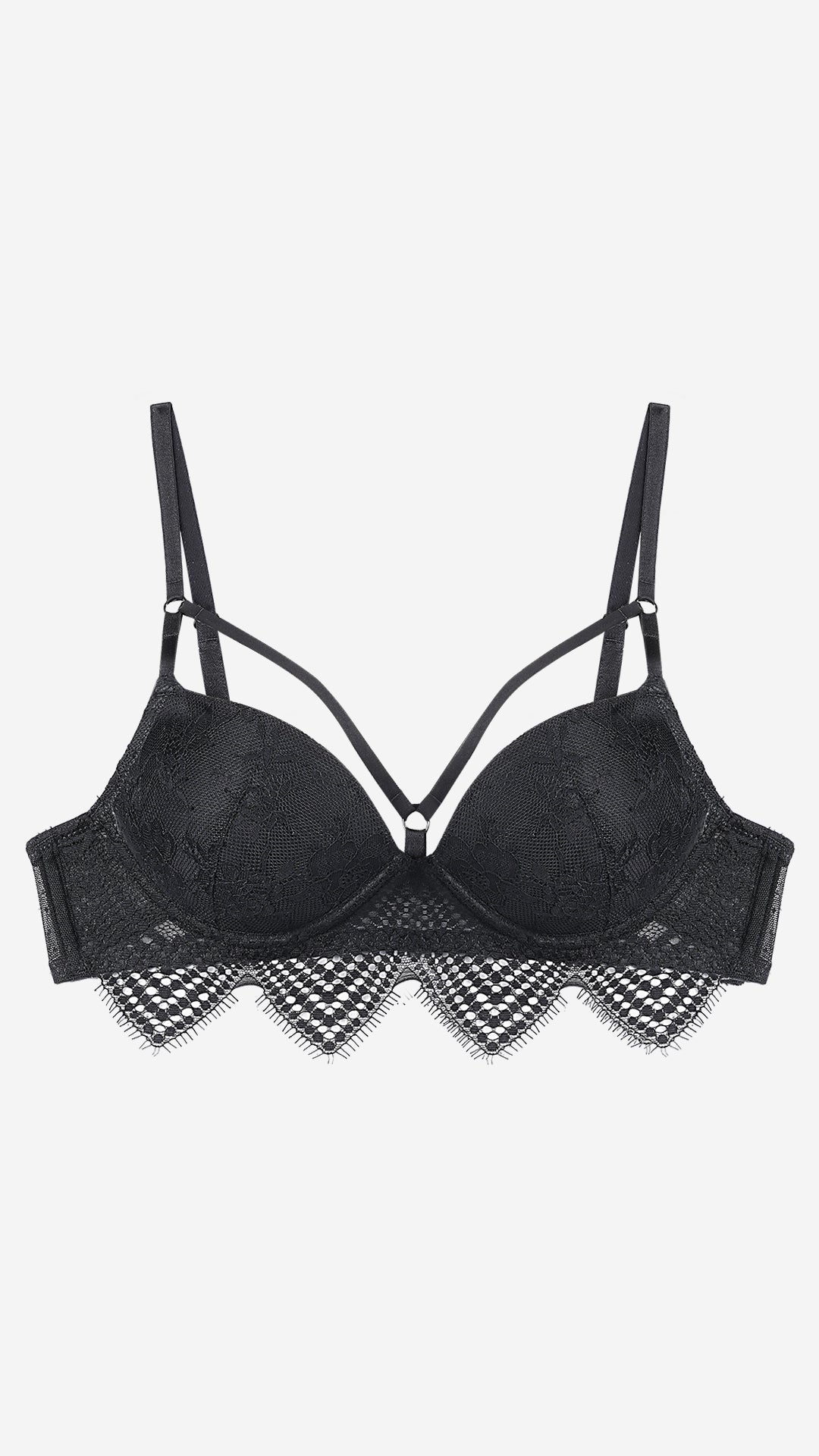 Black Lace Push-Up Bra with Strappy Neckline