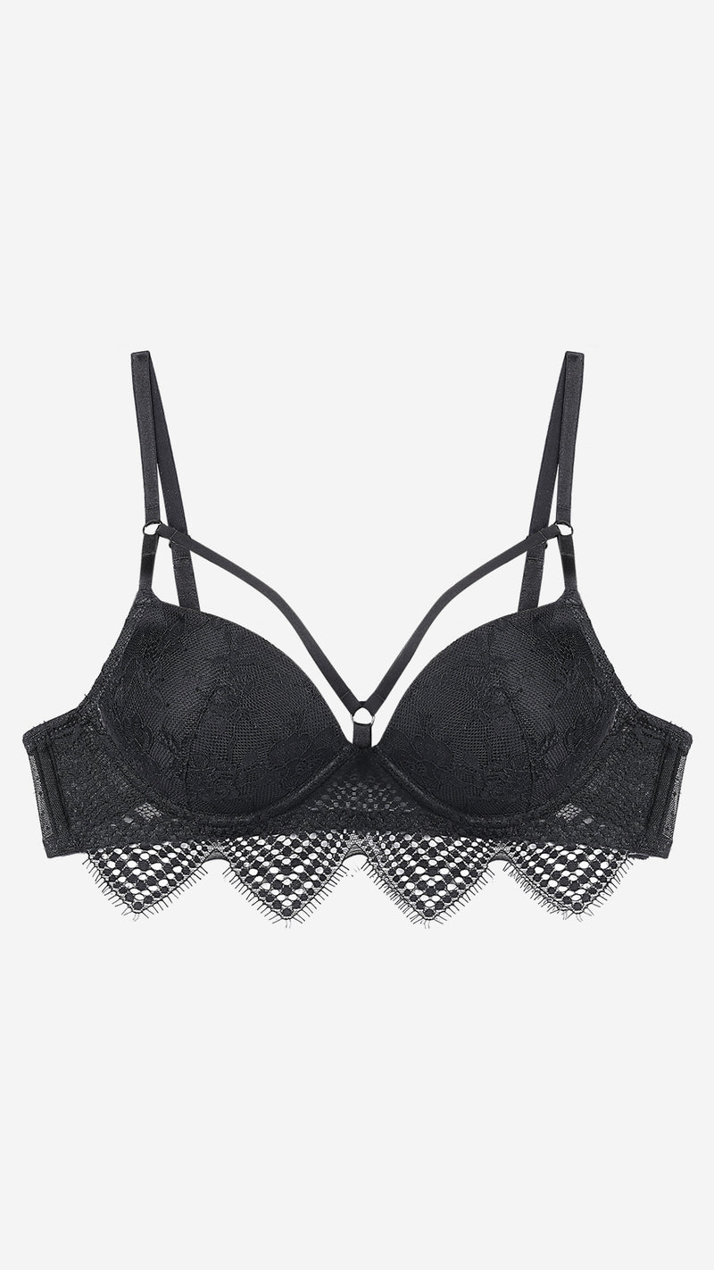 Black Lace Push-Up Bra with Strappy Neckline