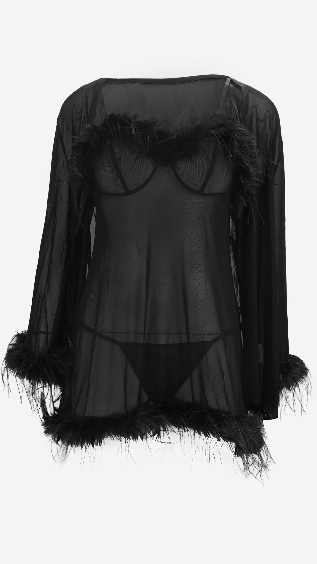 Sheer Mesh Babydoll & Robe Set | Faux Fur Trim Lingerie