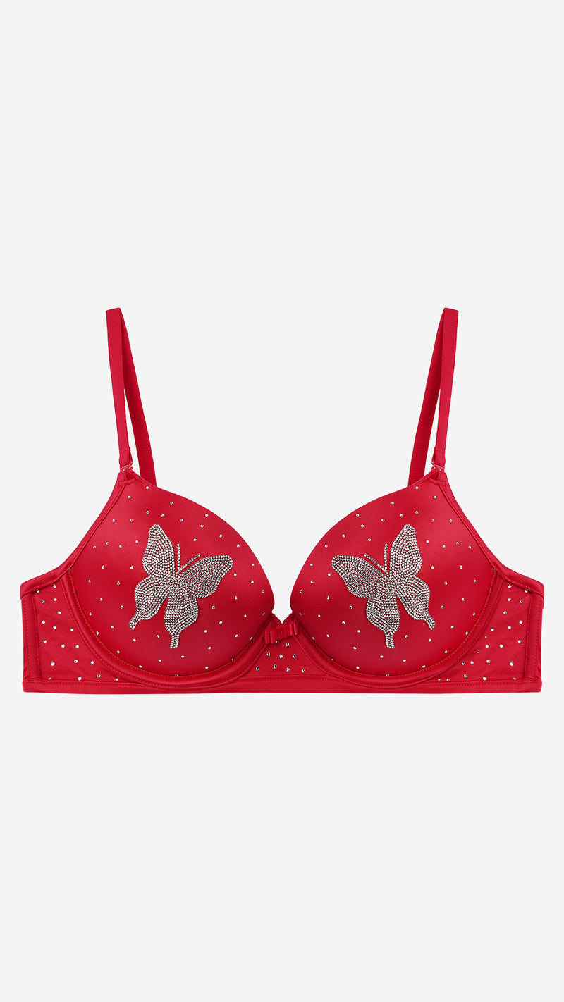 Red Butterfly Stone Push-Up Bra – Padded, Wired