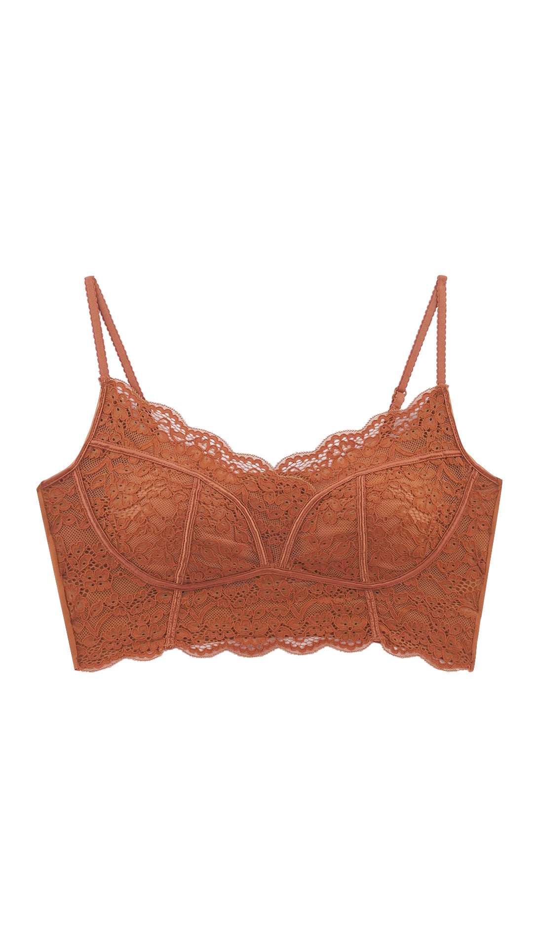 Rust orange lace longline bralette on white background, front flat lay