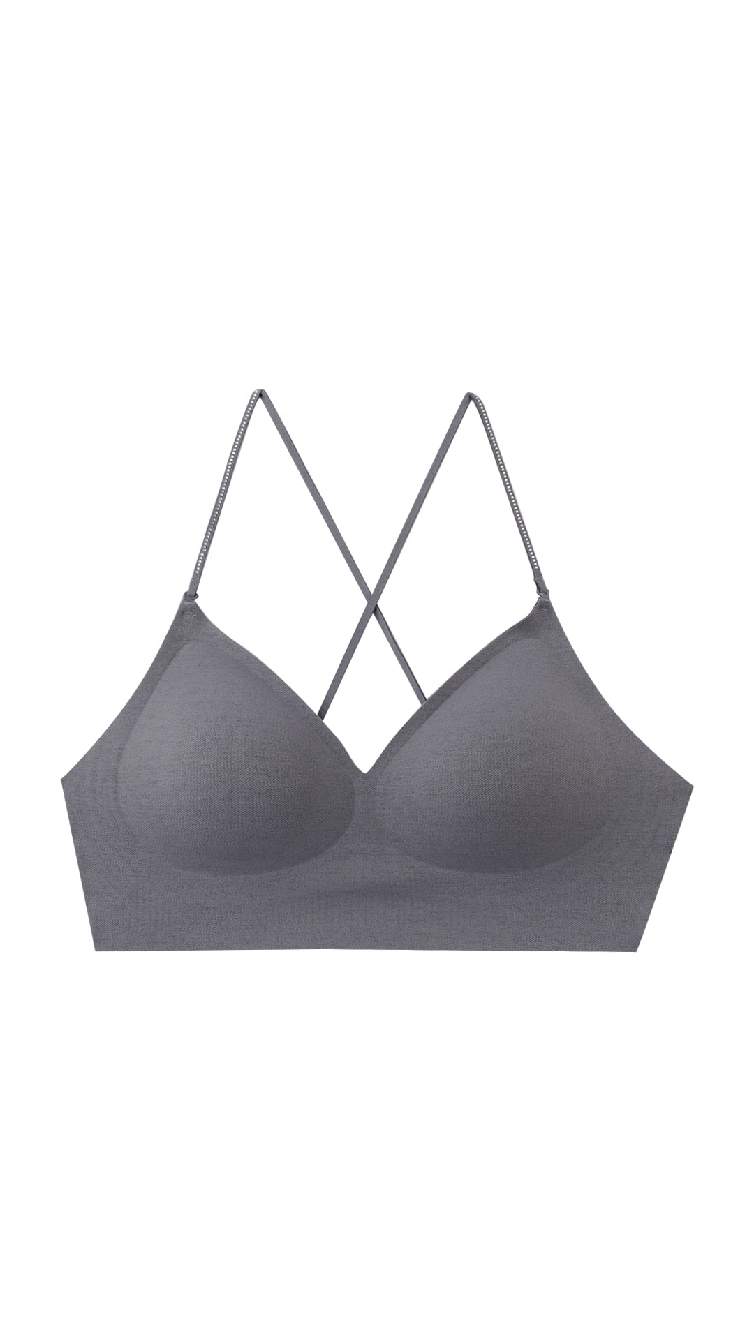 Product shot of grey criss-cross back bralette on white background