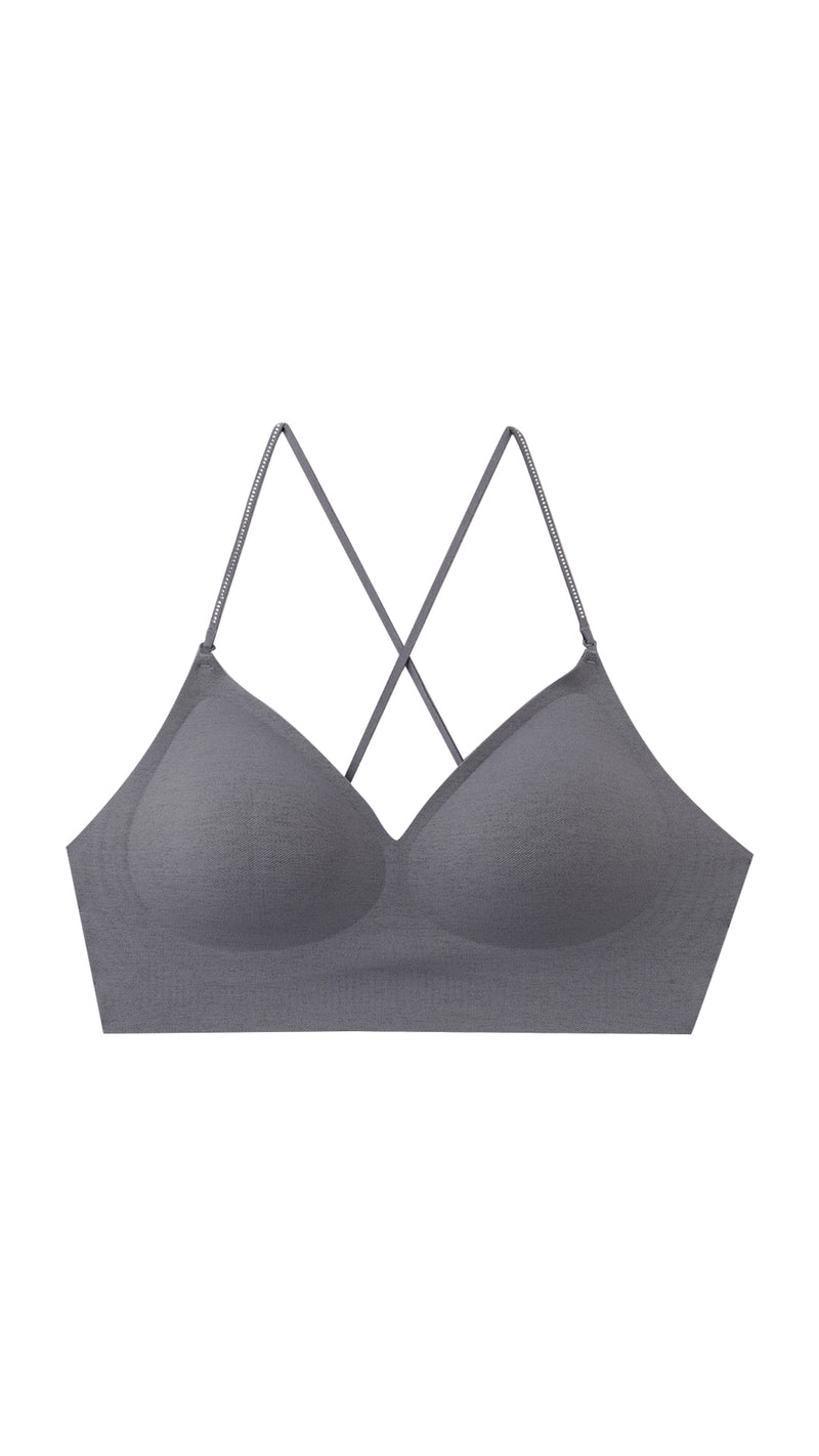 Product shot of grey criss-cross back bralette on white background