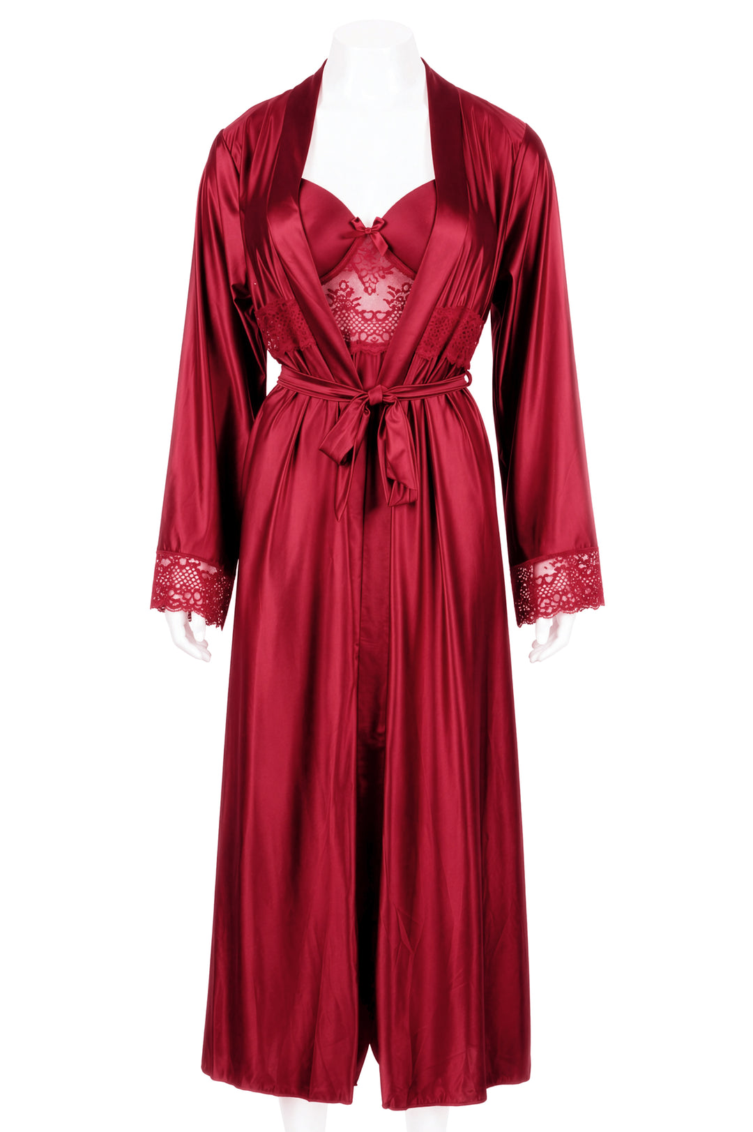 Maroon satin robe and slip dress set on mannequin, front view