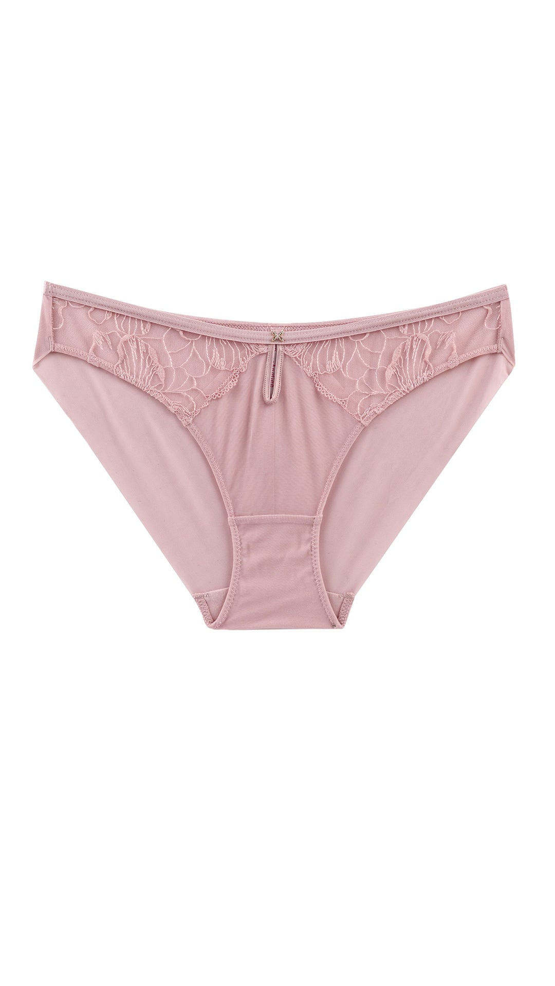 Pink floral lace brief with keyhole front on white background, flat lay