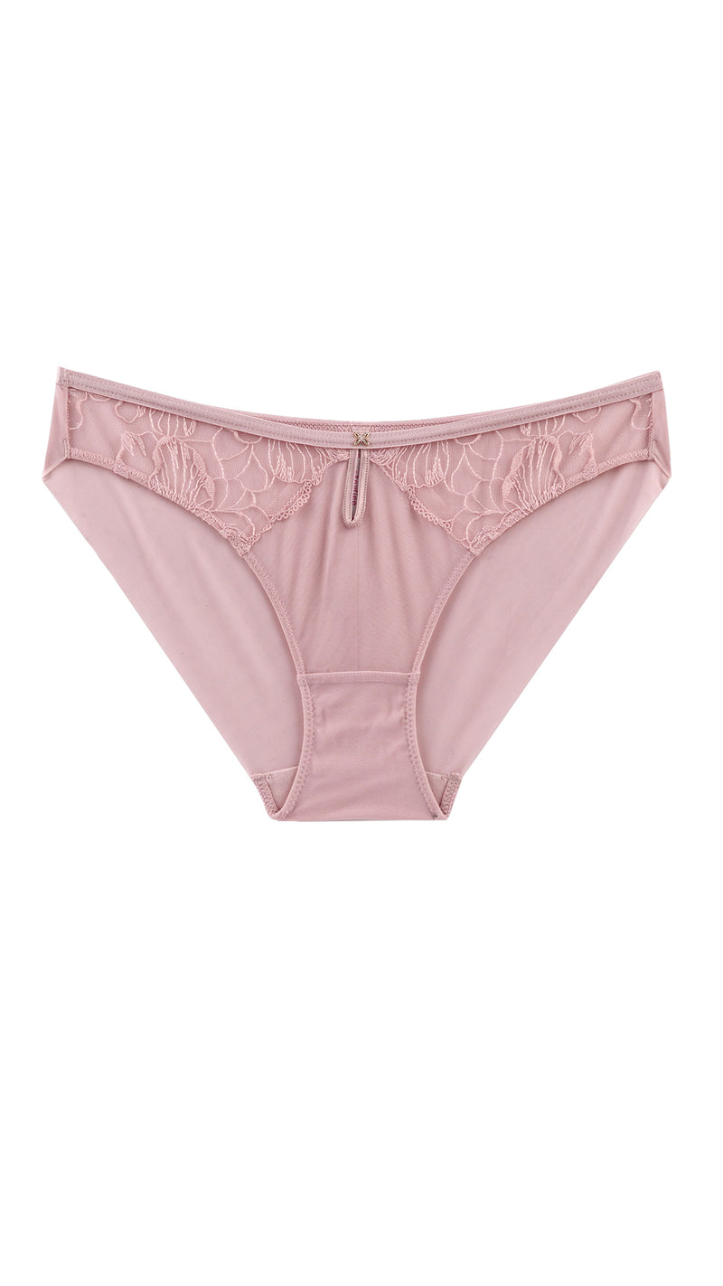 Pink floral lace brief with keyhole front on white background, flat lay
