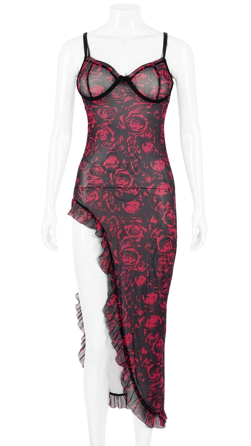 Black Rose Print Mesh Dress with Ruffle Trim