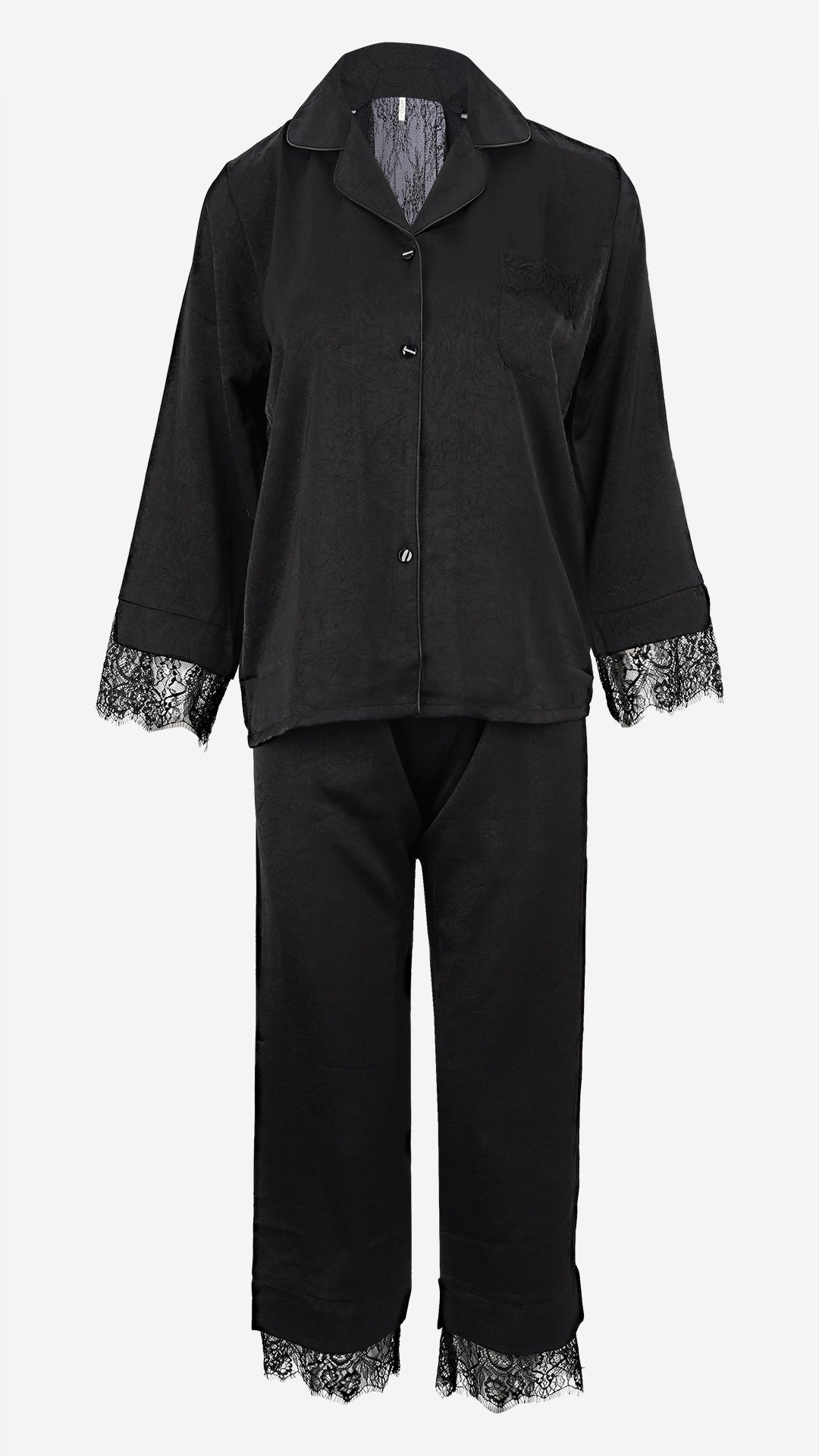 Black Silk Satin Pajama Set I Lace Trim Nightwear