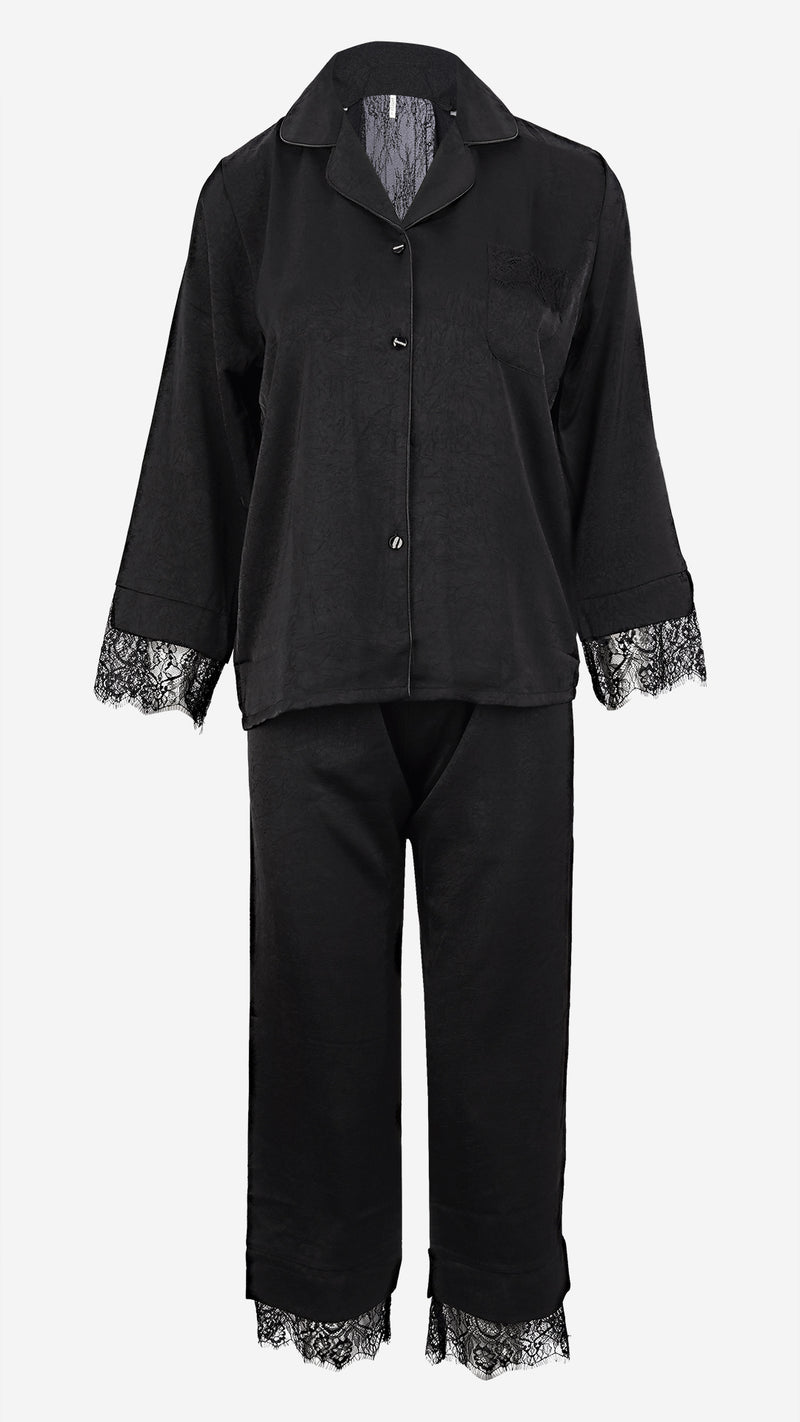 Black Silk Satin Pajama Set I Lace Trim Nightwear
