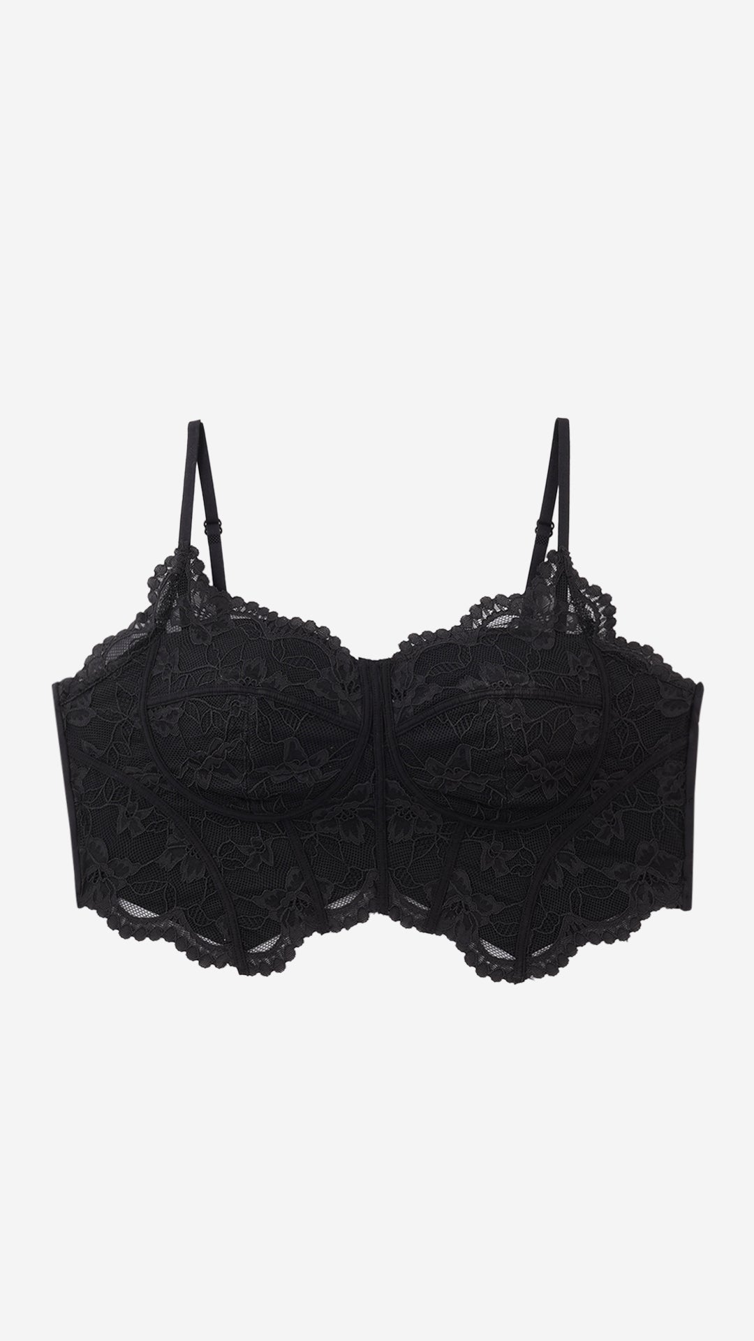Product shot of black lace longline corset bra on white background
