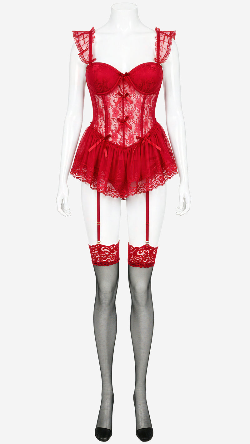 Product shot of red lace bustier with garter belt and stockings on mannequin