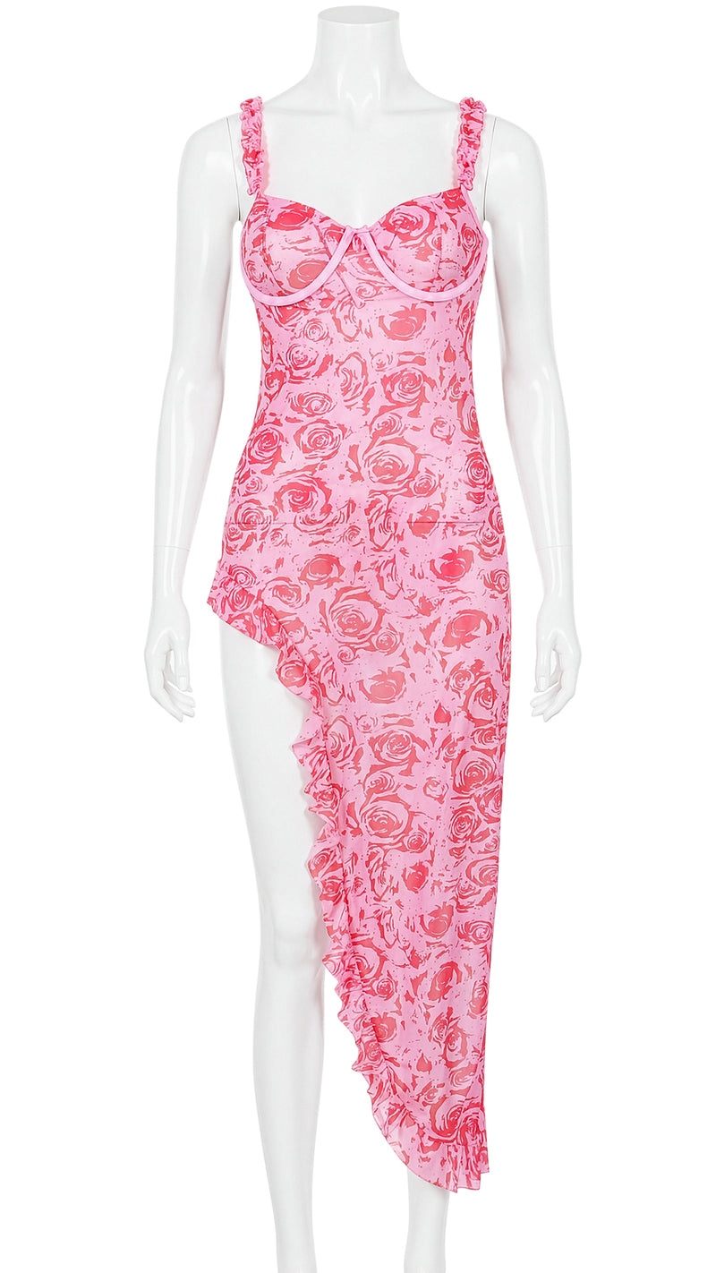 Product shot of pink rose-print underwire dress on white background