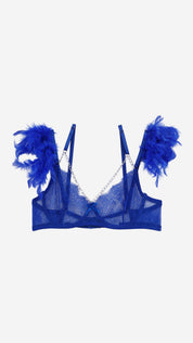 Feather Trim Chain Detail Lace Bra, Panty & Garter Set