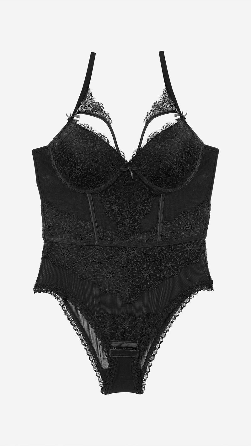 Black Lace Bodysuit with Sheer Mesh Panels